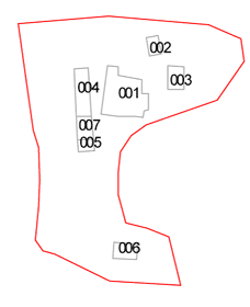 Pianta dell'area con la distribuzione e numerazione dei fabbricati